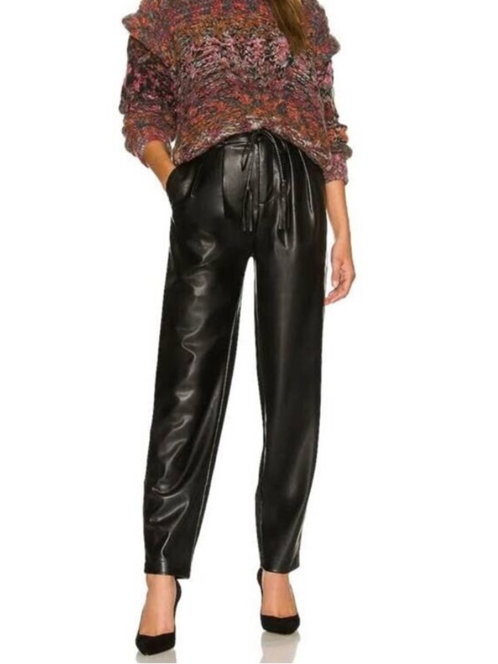 MOTHER Twisty Tie Bounce Hover in Wax On, Wax Off Sz 25 Black Faux Leather Pants